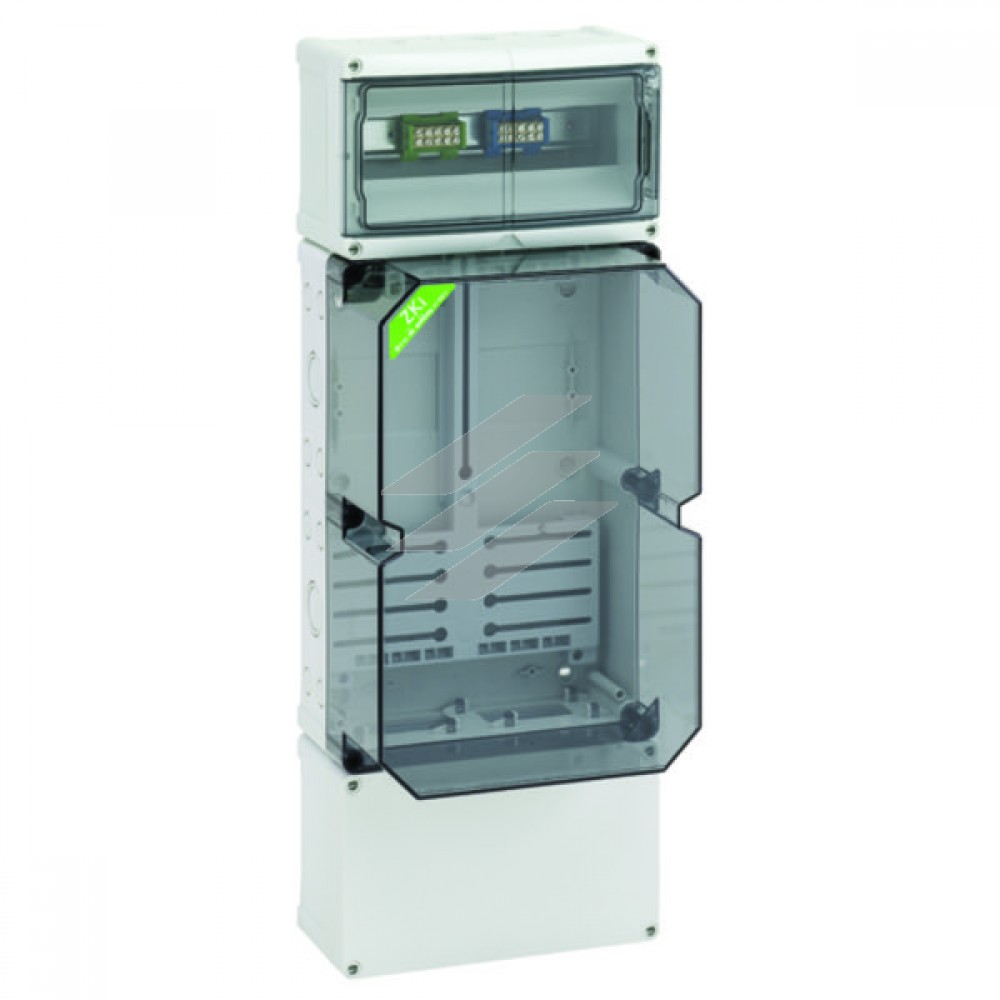 Корпус під лічильник ZKi 110 з хрестовиною, додатковим простором з DIN-рейкою і 2 клема ми PE і N, 250х670х193мм, полікарбонат, IP 65, прозора кришка, Spelsberg